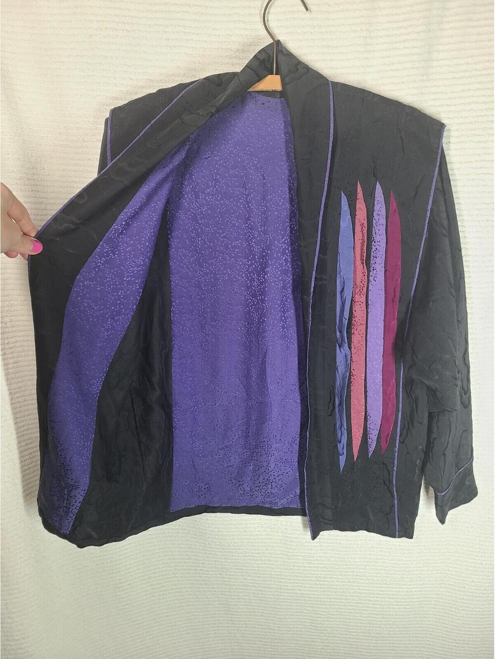 Vtg 80s Black Nylon Kimono Jacket Color Decoration Ooak Unique 90s Retro M L - Picture 7 of 9